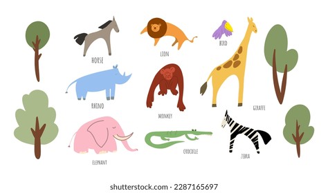 vector savanna animals illustrations, doodle drawings of zebra, crocodile, horse, lion, giraffe, monkey, elephant, bird, rhino, trees, stickers for diary and notebook, cute characters for children	
