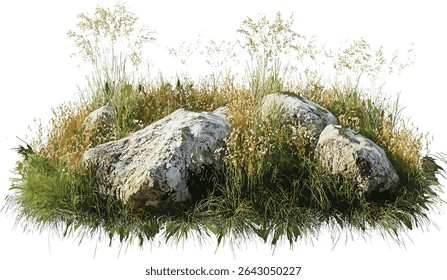 Vector savanna landscape clipart, grass field, rocks, nature background, prairie view, outdoor scenery, wild landscape, natural environment, vector art, desert plains