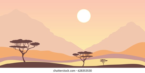 Vector savanna landscape
nature, acacia trees, sun and hills