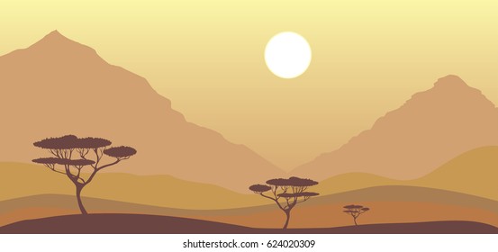 Vector savanna landscape, sand dunes, acacia trees and rocks
nature illustration