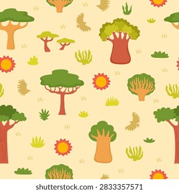 Vector savanna trees and plants seamless pattern. Cartoon savannah flora repeat background. Natural safari or African parkland digital paper with baobab, acacia, eagle