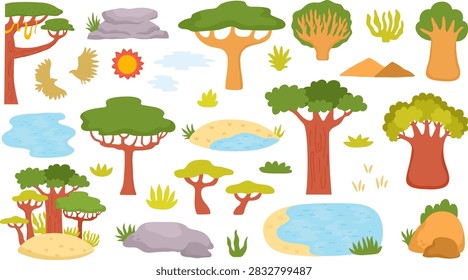 Vector savanna trees and plants set. Cartoon savannah flora collection. Natural safari or African parkland scene constructor with baobab, umbrella acacia, rocks, dry land, eagle silhouette