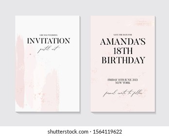 Vector Save the date birthday invitation with tender rose gold brush stroke marble effect, gold foil sparkles, grunge vector concept. Modern creative texture.