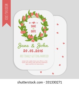 Vector  save the date card  with hand drawn vintage  flower wreath in rustic style and lettering.