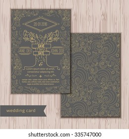 Vector save the date card template - wedding invitation in trendy linear style with tree, labels and birds in branches on dark background.