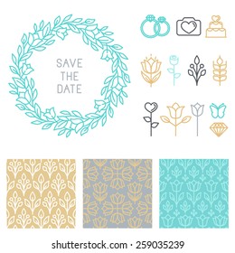 Vector save the date design template in linear style - icons and seamless patterns for wedding invitations