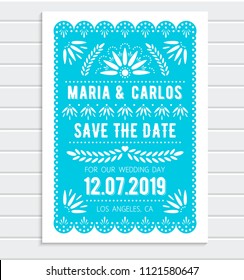 Vector Save the Date invitation template. Papel picado banner with floral pattern. Mexican paper cut style.