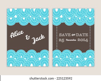 Vector Save the Date wedding invitation elegant card in brown and blue colors with abstract floral frame