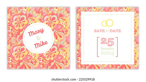 Vector Save the Date wedding invitation elegant card in bright colors with abstract floral seamless pattern as a background