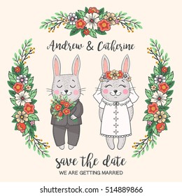 Vector save the date wedding invitation card with bride and groom rabbits and floral frame