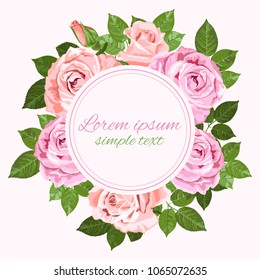 Vector Save the date wedding invitations with pink and beige roses wreath and place for text on the white background. Floral design for greeting card