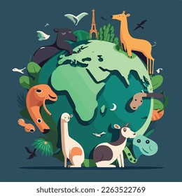 Vector el concepto de la tierra salvada. La ilustración del Día de la Tierra. Salven a los animales y niños