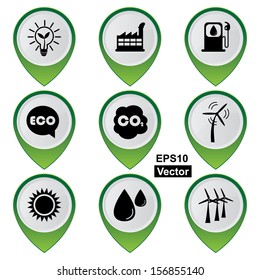 Vector : Save The Earth, Conservation, Natural or Ecology Concept Present By Set Of Green Glossy Style Map Pointer With Nature or Ecology Sign Isolated on White Background 