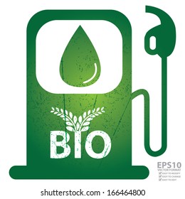 Vector : Save The Earth, Ecology or Alternative Energy Concept Present By Green Grunge Style Gasoline Icon With Bio and Leaf Sign Inside Isolated on White Background 