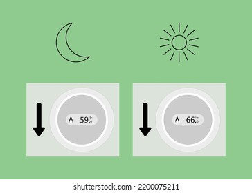 vector: save energy :heating advice 59 degrees Fahrenheit during the day, 66 degrees Fahrenheit at night, central heating. colors grey and light green