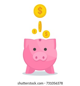 Vector save money concept with piggy bank. Flat vector cartoon illustration. Objects isolated on a white background.