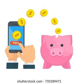 Vector save money concept with piggy bank. Flat vector cartoon illustration. Objects isolated on a white background.