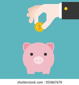 Vector Save Money In Piggy Bank, Flat Design