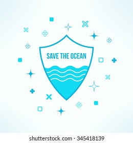 Vector save the ocean background with shield in modern flat design. Sea defence design element.