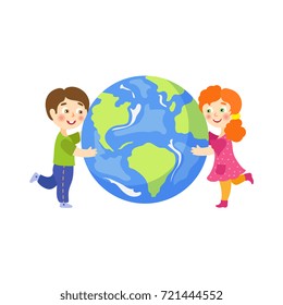 Vector save the planet concept. Flat cartoon happy girl and boy smiling children hugging earth globe planet. Isolated illustration on a white background.