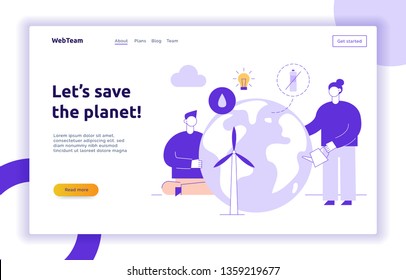 Vector save the planet web page banner design template with big modern flat line people. Ecological illustration
