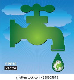 Vector : Save Water Concept Present By Green Water Tap and Water Droplet With The Green Planet Earth Inside in Blue Sky Background