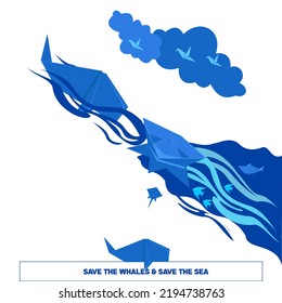 Vector: Save the whales and the sea with paper cut concept.