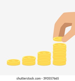 Vector saving money concept,hand put coin to stack of coins