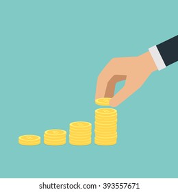 Vector saving money concept,hand put coin to stack of coins