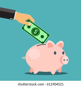 Vector saving money concept,hand put money into piggy bank.
