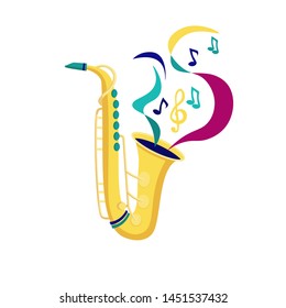 Vector saxophone in flat style design.  Music instrument. Template for music festival banner, poster, jazz concert, invitation, greeting card. 