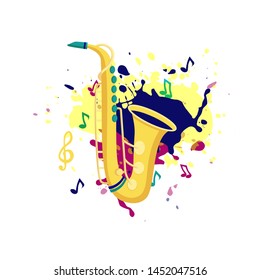 Vector saxophone in flat style design.  Music instrument. Template for music festival banner, poster, jazz concert, invitation, greeting card. 