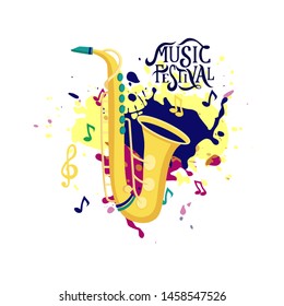 Vector saxophone in flat style design.  Music instrument. Template for music festival banner, poster, jazz concert, invitation, greeting card. 