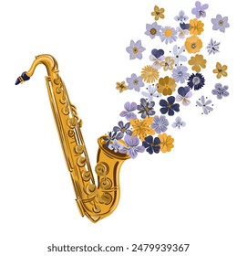 vector saxophone and flowers, drawing musical instrument isolated at white background, hand drawn illustration