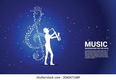 Vector Saxophonist With Sol Music Key Note From Dot Connect Line. Concept Background For Song And Concert Theme.