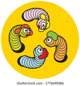 Vector scalable color drawing of two worms that get acquainted with two females