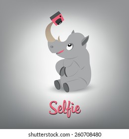 Vector scalable illustration of cute baby rhino with camera makes selfie