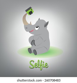Vector scalable illustration of cute baby rhino with camera makes selfie