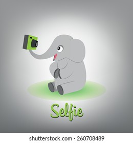 Vector scalable illustration of cute baby elephant with camera makes selfie