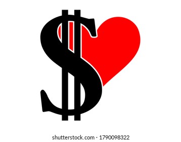 Ilustración vectorial escalable con signo de dólar y corazón.