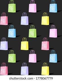 Vector scalable repeating textures consisting of bags of different colors on a dark gray background.