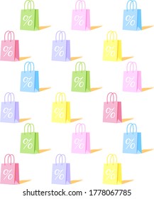 Vector scalable repeating textures consisting of bags of different colors on a purple background.