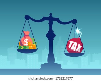 Vector de una escala con dinero e impuestos sobre el paisaje urbano