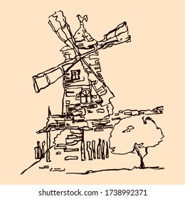 Vector scaleable illustration of hand drawn mill. Wing mill silhouette