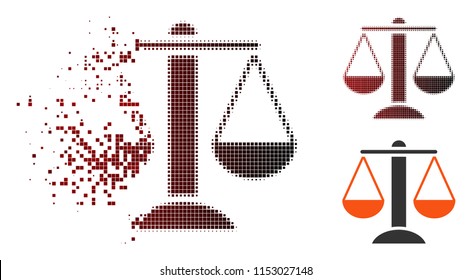 Vector scales icon in fractured, dotted halftone and undamaged solid versions. Disappearing effect uses rectangular particles and horizontal gradient from red to black.