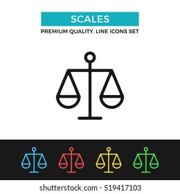 Vector scales icon. Measure weight, justice concepts. Premium quality graphic design. Signs, outline symbols collection, simple thin line icons set for websites, web design, mobile app, infographics