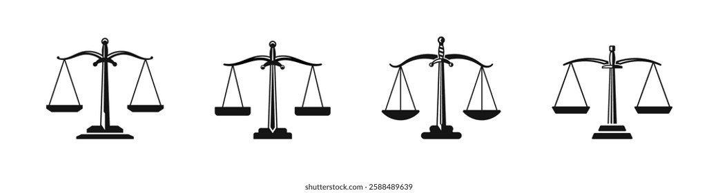 Vector scales of justice. Scales of Justice vector icons. Scales of justice flat icon set.