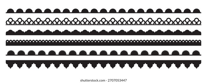 Vector scallop edge collection with perforated lace trim patterns. Elegant black borders featuring semicircular scalloped shapes and eyelet details for decorative framing and design projects.