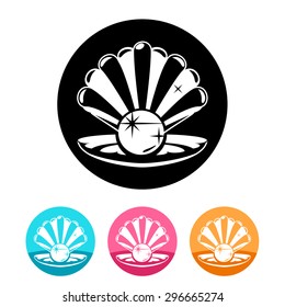 Vector scallop seashell with pearl icon set