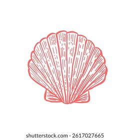Vector scallop shell in hand drawn Mediterranean style. Vintage sea shell illustration in line art for ocean graphics, nautical decorations, and marine-themed prints.